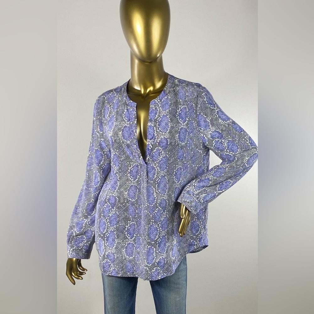 JOIE Pearline Irregular Snake Print Silk Blouse Long Sleeve Blue Size M